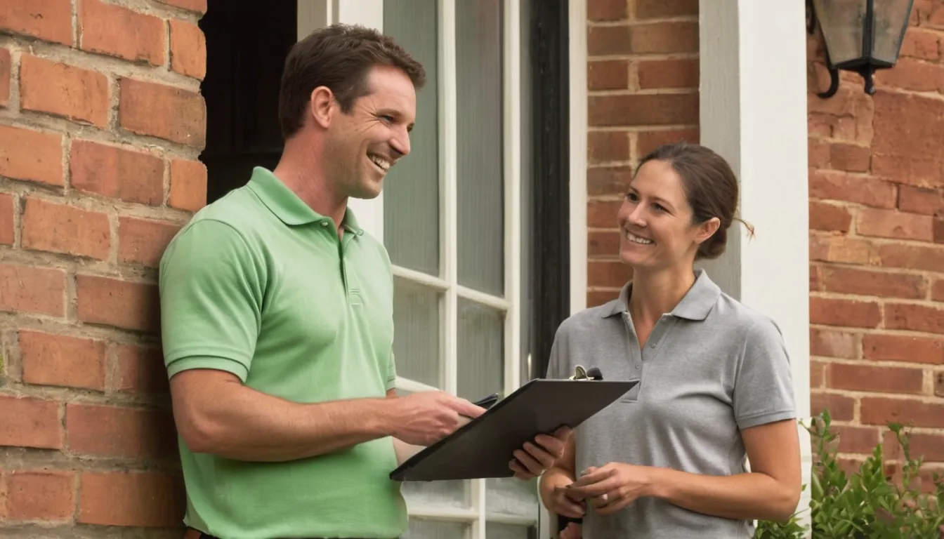 A friendly provider talking with a homeowner at a front door in Atlanta