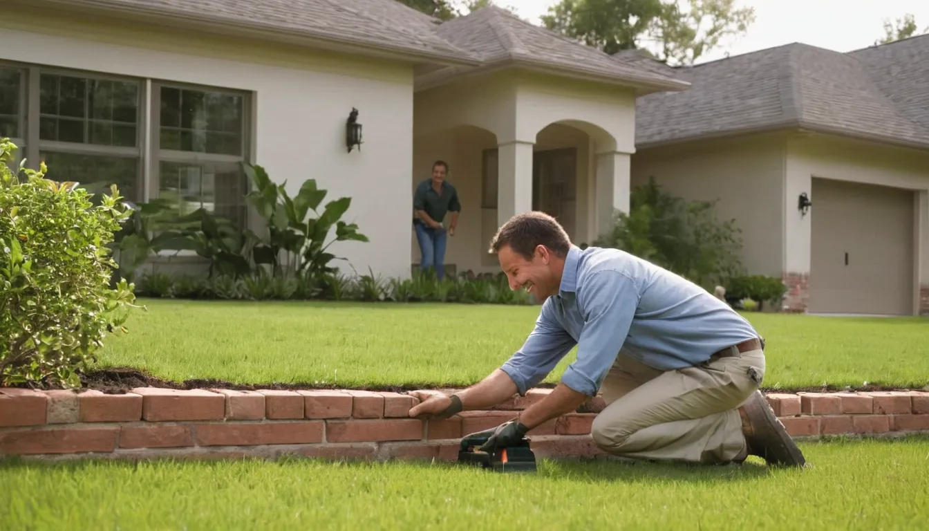 A friendly pest control provider talking with a homeowner at the front door of a brick house in Atlanta